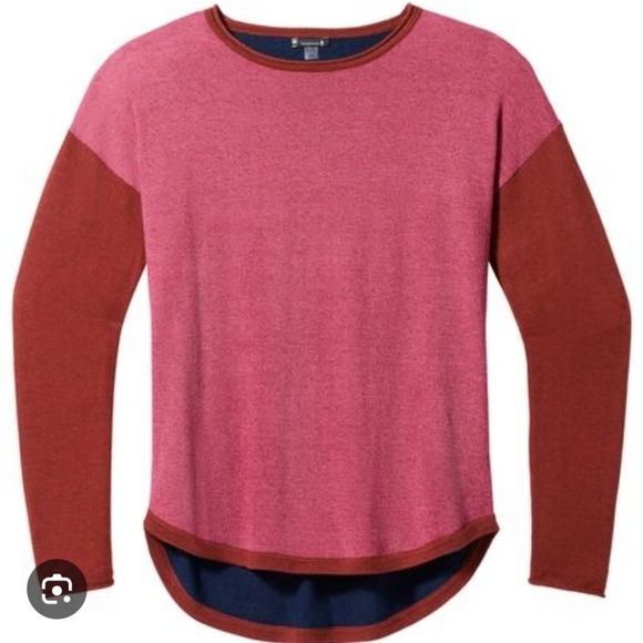 Smartwool Pink Tan Blue Colorblock Shadow Pine Merino Sweater Womens Size L - Picture 9 of 9